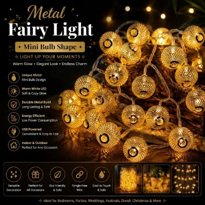 Picture of Metal Fairy Light Mini Bulb Shape Lantern Jhumka – LED String Lights for Home Garden Party Wedding Festival Room Decoration Gold