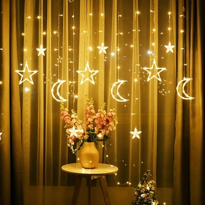 Picture of 16ft Moon and Star LED Fairy Lights for Curtains – 3 Moon 3 Star 6 Small Star Decorative String Lights for Bedroom Party Wedding Home Decor Gold