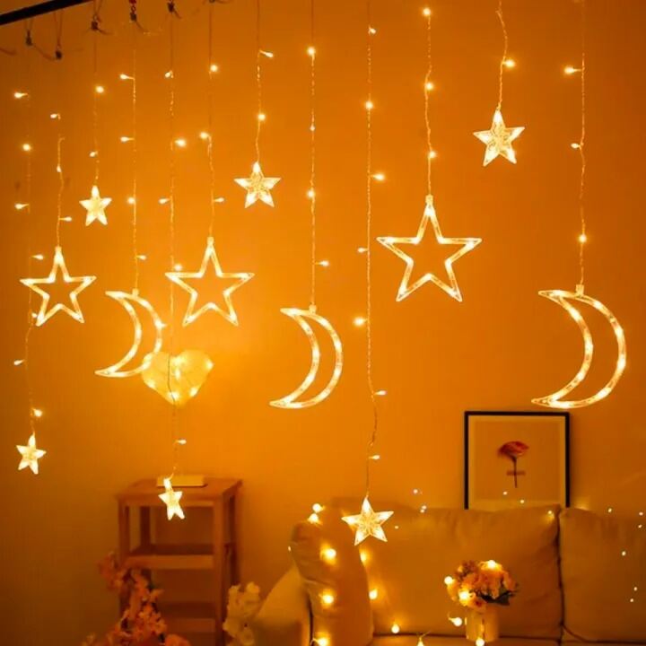 Picture of 16ft Moon and Star LED Fairy Lights for Curtains – 3 Moon 3 Star 6 Small Star Decorative String Lights for Bedroom Party Wedding Home Decor Gold