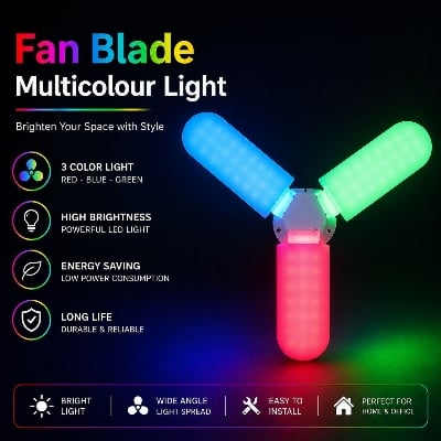 Picture of LED Multicolor Foldable Fan Blade Light Bulb – Adjustable B22 Ceiling Lamp with Red Blue Green LED Lighting, High Brightness Energy Saving Foldable Blade Light for Home Room Garage Indoor Lighting Multicolor