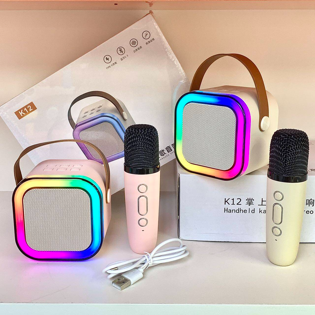 Picture of K12 Bluetooth Karaoke Speaker with Wireless Microphone | Portable Mini KTV Speaker Set with RGB Lights Multicolor