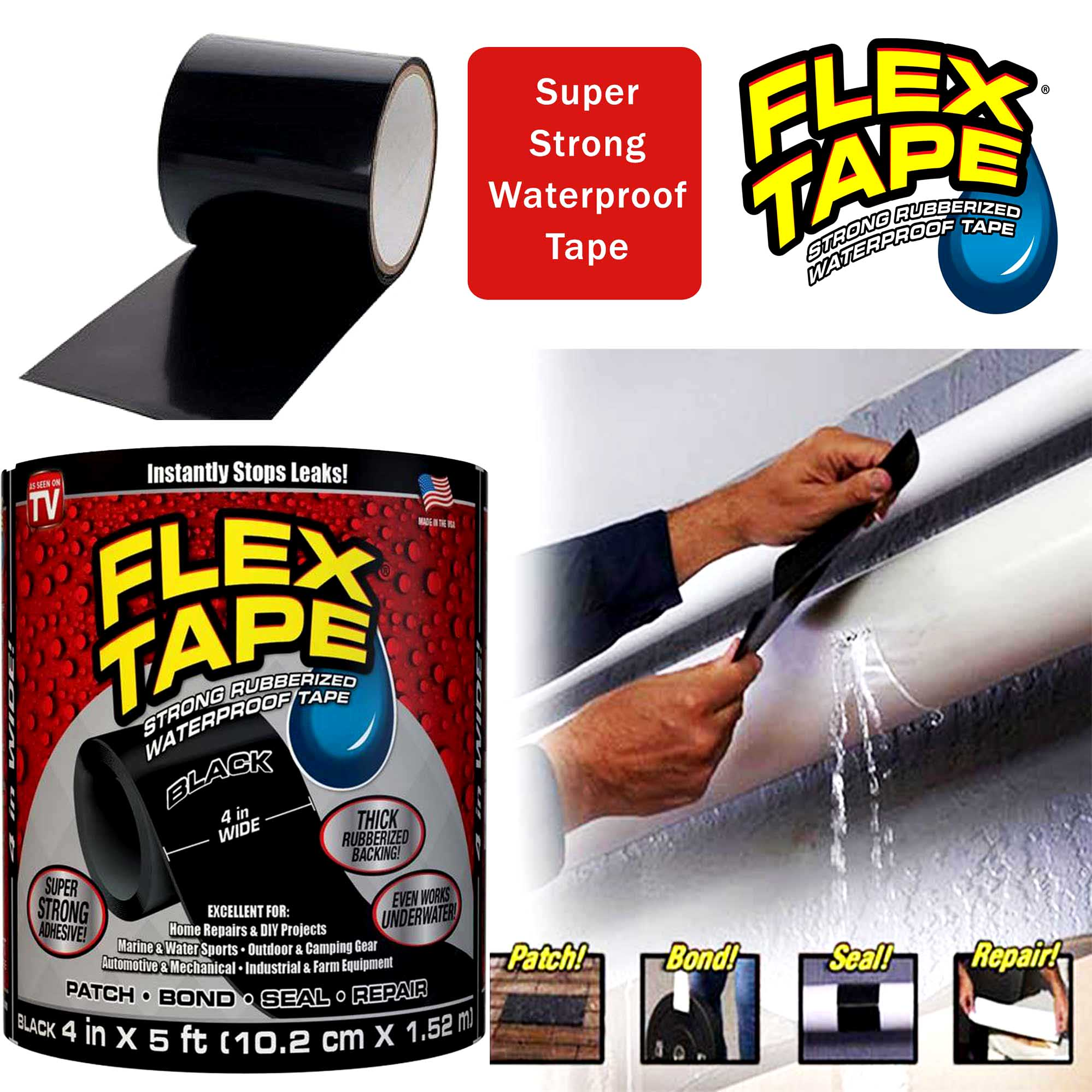 Picture of Flex Tape Strong Rubberized Waterproof Tape | Heavy Duty Leak Repair Tape (4 Inch × 5 Feet) Black