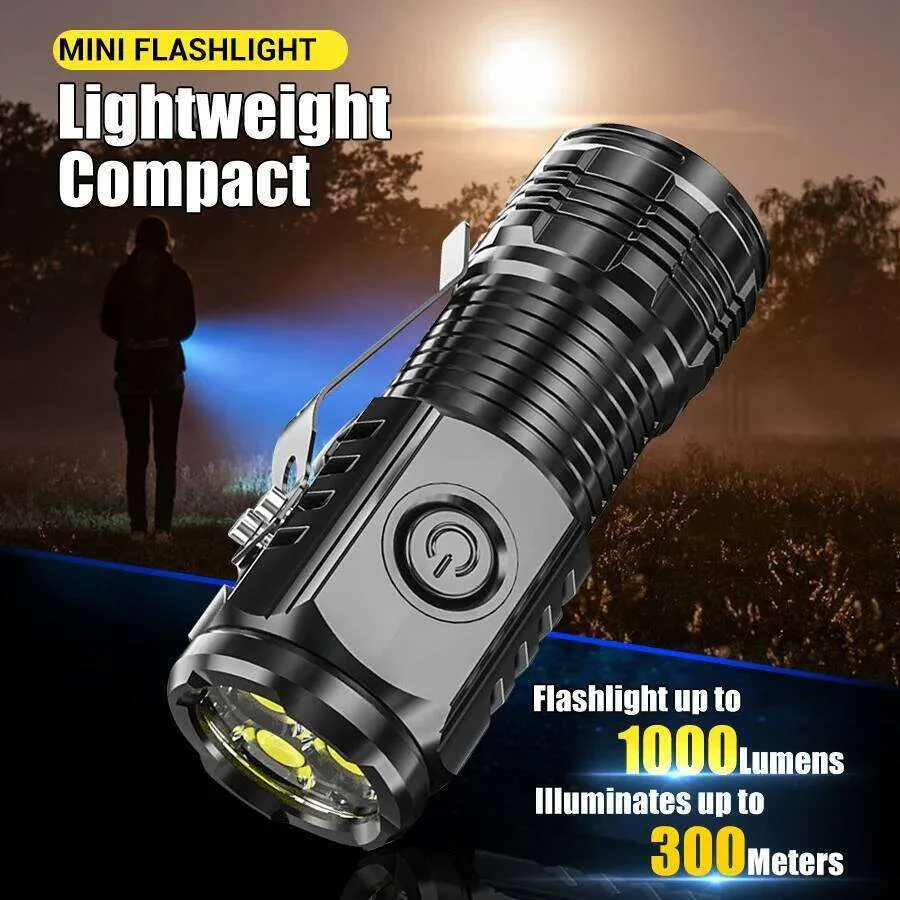 Picture of Mini LED Flashlight 2000 Lumens USB Type-C Rechargeable Torch Light - 3 F350 Aluminium Alloy EDC Pocket Flashlight Keychain Camping Hiking Emergency Light Black