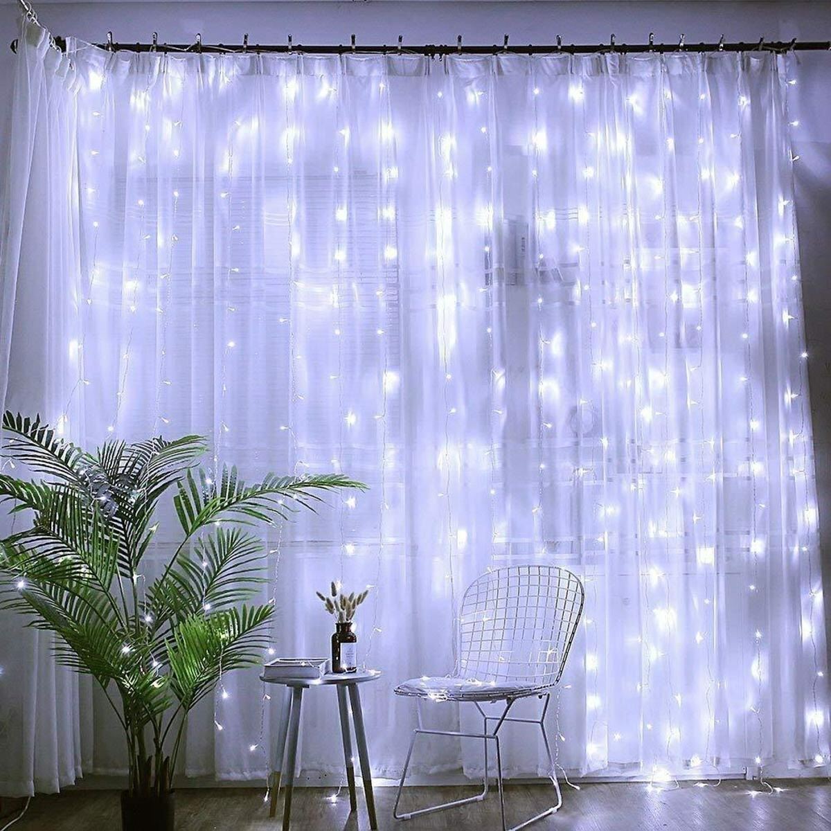 Picture of LED Curtain String Fairy Light 9.8 x 9.8 Ft – 8 Modes Cool White Plug In Decorative Curtain Lights for Bedroom Window Wall Party Backdrop Indoor Outdoor Decoration White
