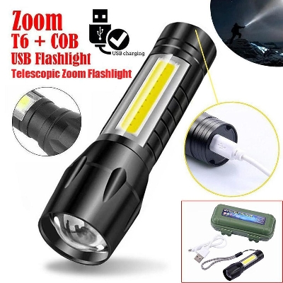 Picture of Mini Type-C Rechargeable Pocket Torch Light – 3 Mode Zoomable COB LED Flashlight with USB Charging Cable, Gift Box, Portable Emergency Torch for Outdoor Camping Travel Black