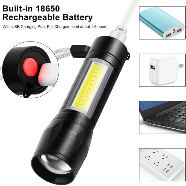Picture of Mini Type-C Rechargeable Pocket Torch Light – 3 Mode Zoomable COB LED Flashlight with USB Charging Cable, Gift Box, Portable Emergency Torch for Outdoor Camping Travel Black
