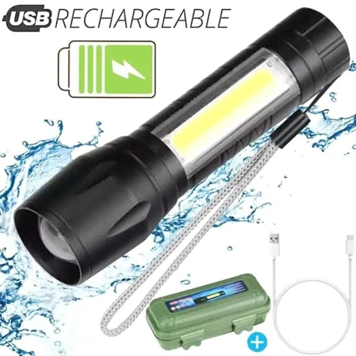 Picture of Mini Type-C Rechargeable Pocket Torch Light – 3 Mode Zoomable COB LED Flashlight with USB Charging Cable, Gift Box, Portable Emergency Torch for Outdoor Camping Travel Black