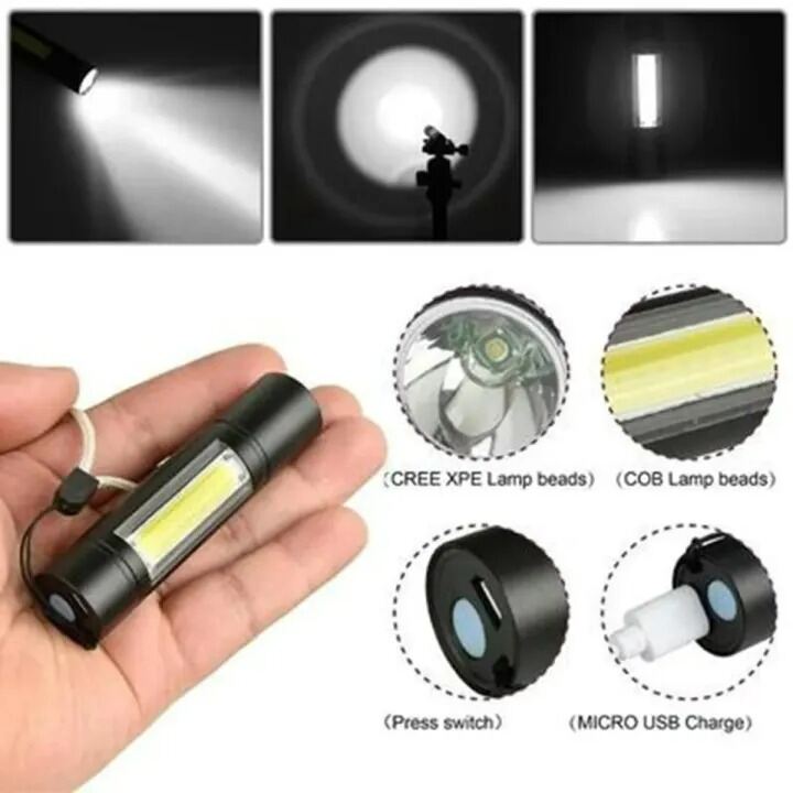 Picture of Mini Type-C Rechargeable Pocket Torch Light – 3 Mode Zoomable COB LED Flashlight with USB Charging Cable, Gift Box, Portable Emergency Torch for Outdoor Camping Travel Black