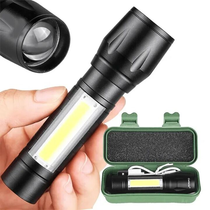 Picture of Mini Type-C Rechargeable Pocket Torch Light – 3 Mode Zoomable COB LED Flashlight with USB Charging Cable, Gift Box, Portable Emergency Torch for Outdoor Camping Travel Black