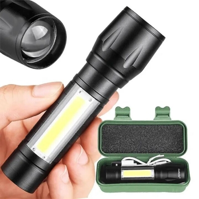 Picture of Mini Type-C Rechargeable Pocket Torch Light – 3 Mode Zoomable COB LED Flashlight with USB Charging Cable, Gift Box, Portable Emergency Torch for Outdoor Camping Travel Black