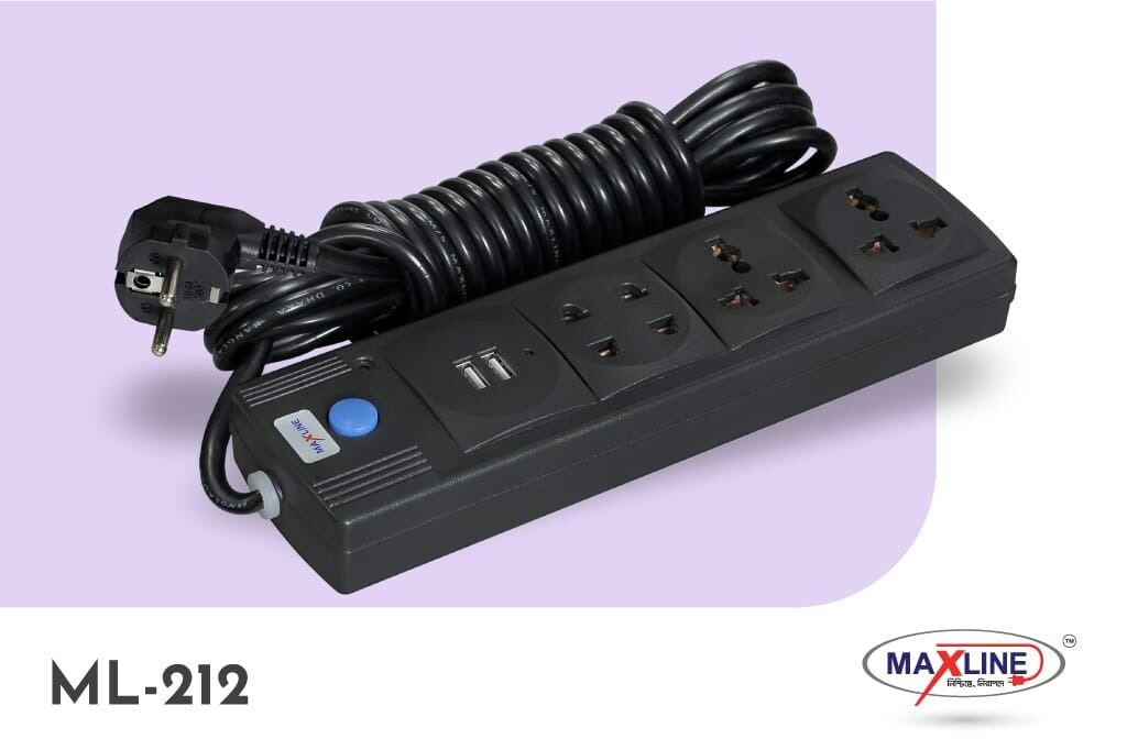 Picture of USB 212 Extension Multiplug – 4 Port Power Socket with Dual USB Charging Ports, 2 Meter Cable, Power Extension Board for Home Office Shop Use Black