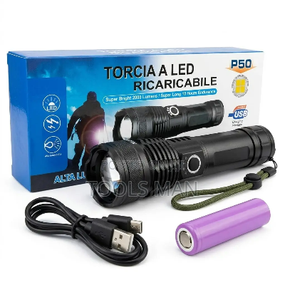 Picture of P50 Rechargeable Tactical Flashlight XHP50 LED Torch USB Rechargeable Zoomable Waterproof High Power LED Torch Camping Emergency Flash Light Black