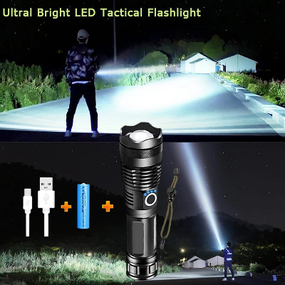 Picture of P50 Rechargeable Tactical Flashlight XHP50 LED Torch USB Rechargeable Zoomable Waterproof High Power LED Torch Camping Emergency Flash Light Black
