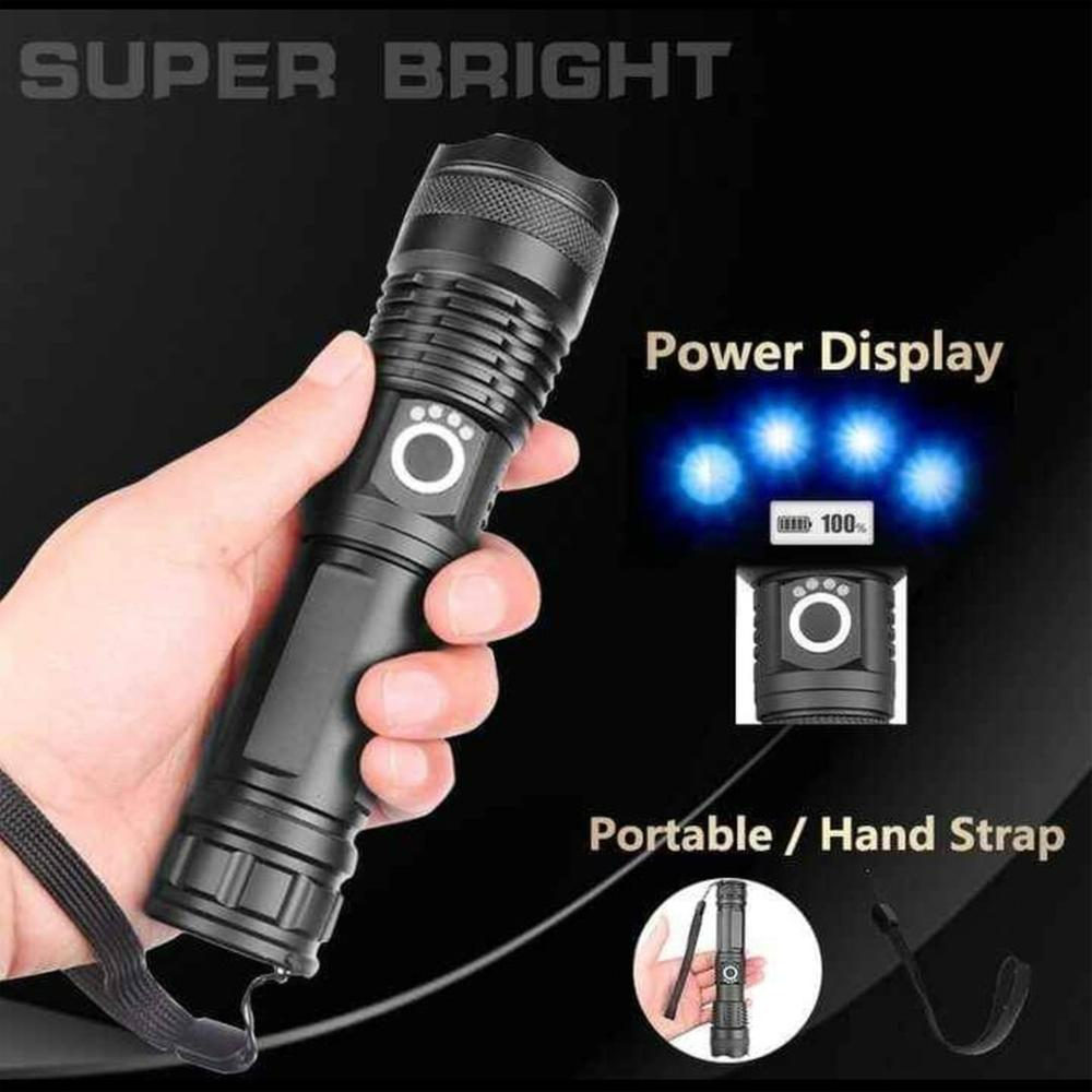 Picture of P50 Rechargeable Tactical Flashlight XHP50 LED Torch USB Rechargeable Zoomable Waterproof High Power LED Torch Camping Emergency Flash Light Black