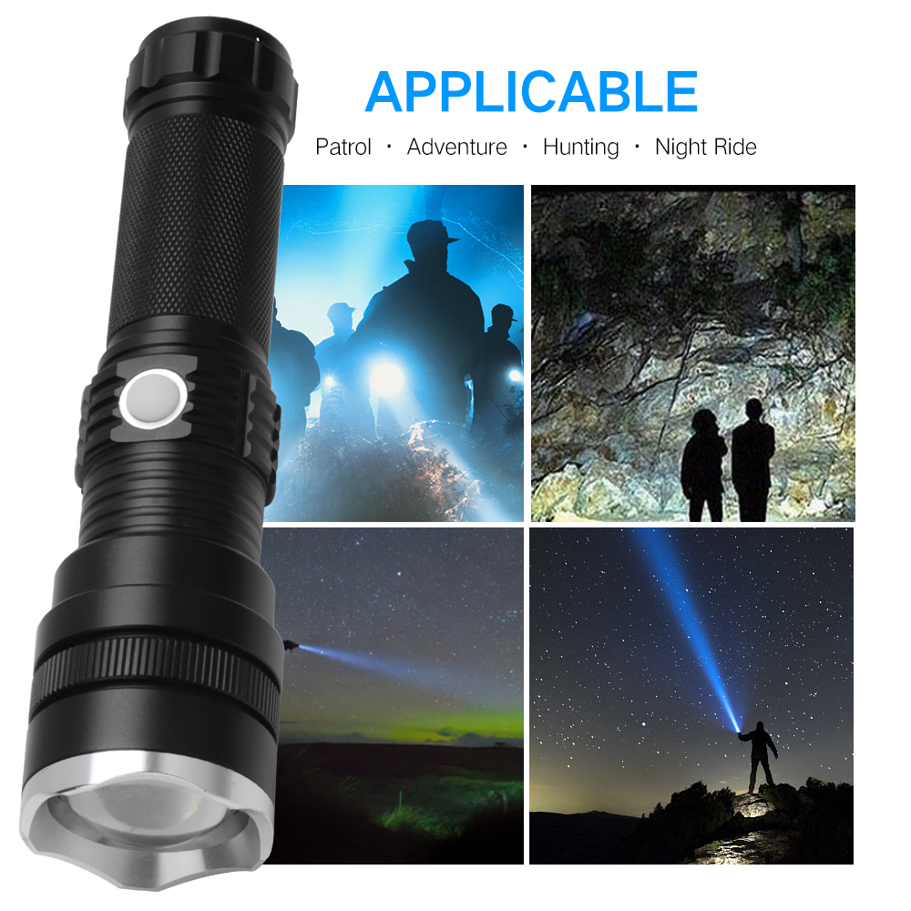 Picture of P50 Rechargeable Tactical Flashlight XHP50 LED Torch USB Rechargeable Zoomable Waterproof High Power LED Torch Camping Emergency Flash Light Black