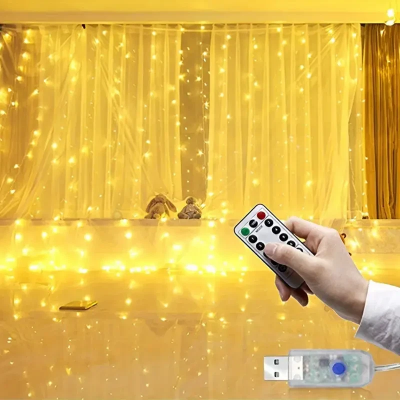 Picture of 300 LED Curtain Fairy Lights USB Powered 3M × 3M Window String Lights with Remote 8 Lighting Modes Waterproof Decoration Lights for Bedroom Party Wedding Gold