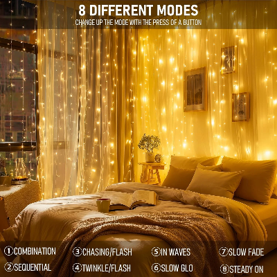 Picture of 300 LED Curtain Fairy Lights USB Powered 3M × 3M Window String Lights with Remote 8 Lighting Modes Waterproof Decoration Lights for Bedroom Party Wedding Gold