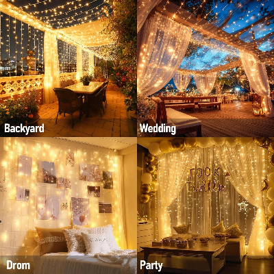 Picture of 300 LED Curtain Fairy Lights USB Powered 3M × 3M Window String Lights with Remote 8 Lighting Modes Waterproof Decoration Lights for Bedroom Party Wedding Gold