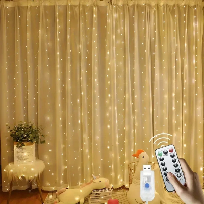 Picture of 300 LED Curtain Fairy Lights USB Powered 3M × 3M Window String Lights with Remote 8 Lighting Modes Waterproof Decoration Lights for Bedroom Party Wedding Gold