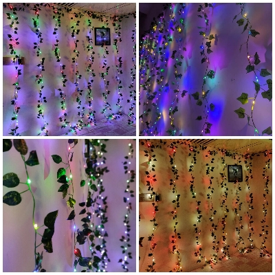 Picture of Curtain LED Lights with Artificial Vines Leaf Multi Color 10 String 8ft x 12ft USB Remote Fairy Lights Window Bedroom Wedding Party Home Decor Multicolor