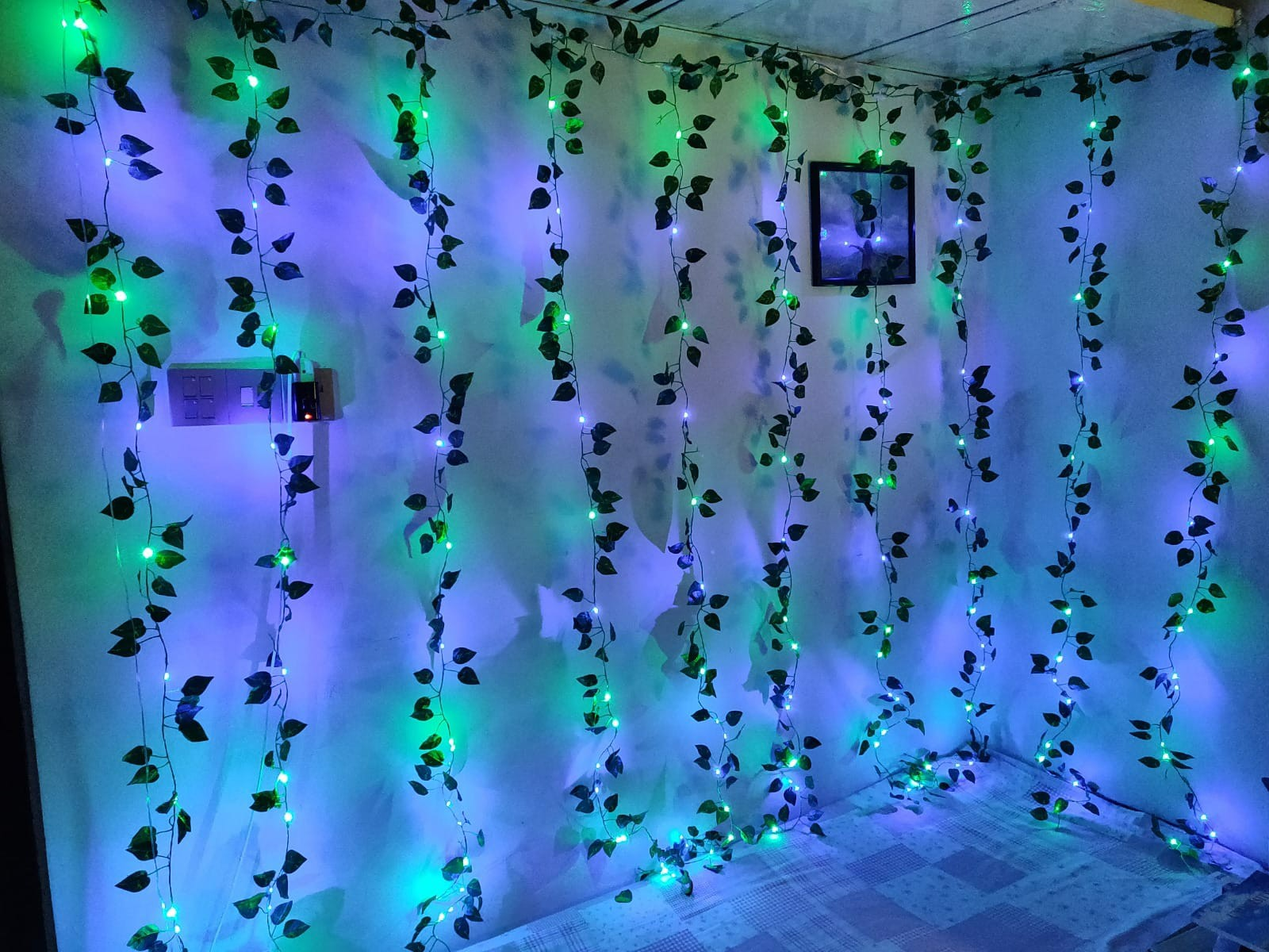 Picture of Curtain LED Lights with Artificial Vines Leaf Multi Color 10 String 8ft x 12ft USB Remote Fairy Lights Window Bedroom Wedding Party Home Decor Multicolor