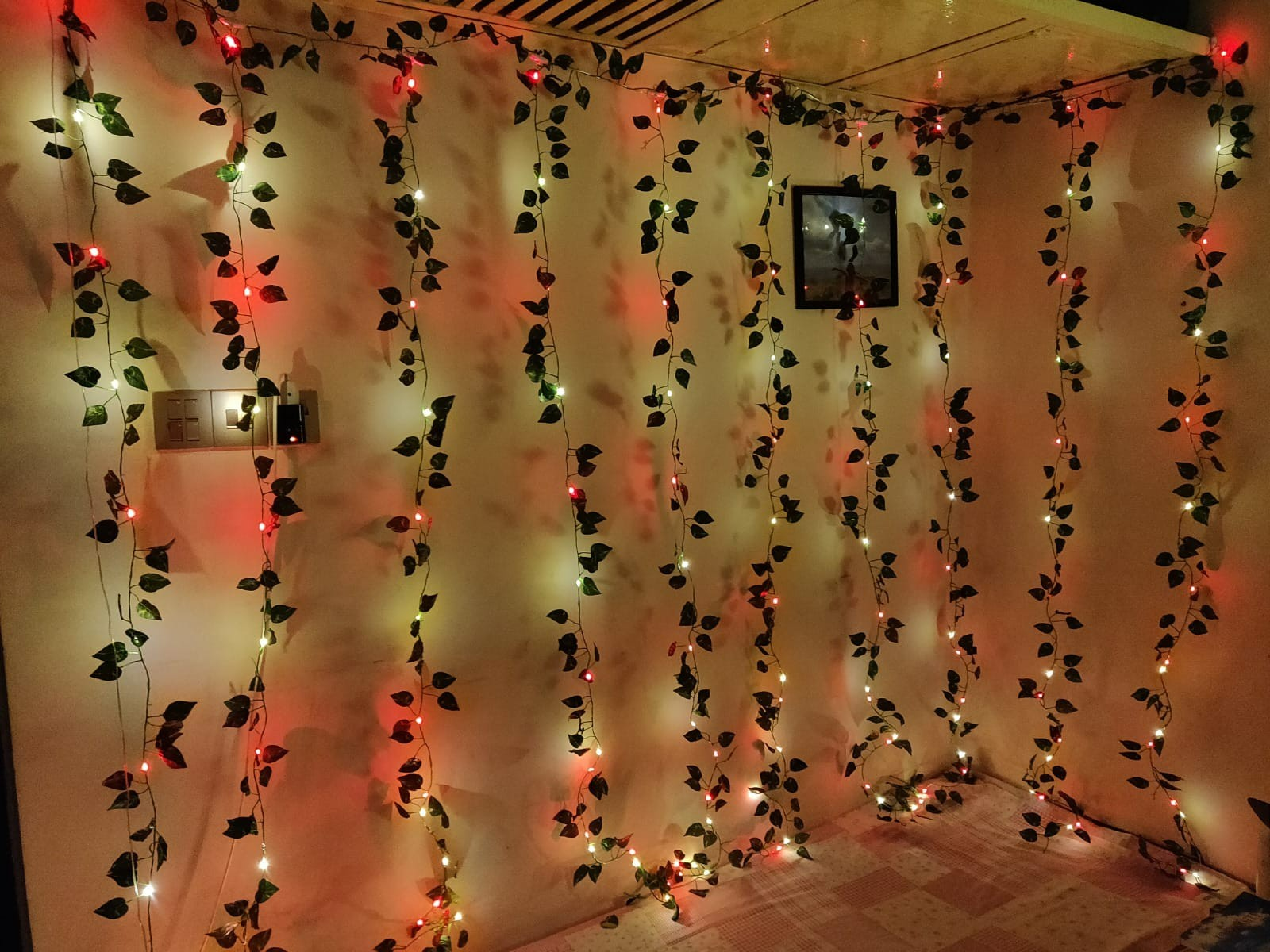 Picture of Curtain LED Lights with Artificial Vines Leaf Multi Color 10 String 8ft x 12ft USB Remote Fairy Lights Window Bedroom Wedding Party Home Decor Multicolor