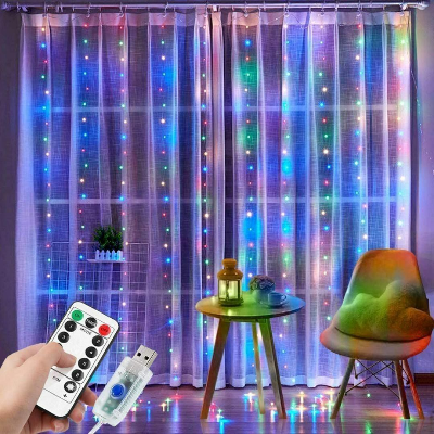 Picture of 300 LED Curtain String Fairy Lights 3x3M Multi Color USB Remote Control Backdrop Window Curtain Lights Bedroom Wedding Party Home Decor Grey