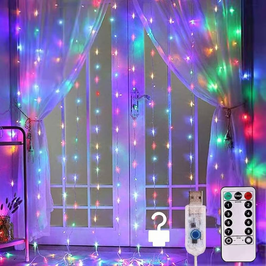 Picture of 300 LED Curtain String Fairy Lights 3x3M Multi Color USB Remote Control Backdrop Window Curtain Lights Bedroom Wedding Party Home Decor Grey