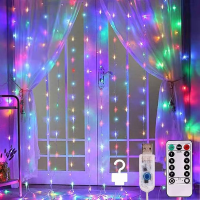 Picture of 300 LED Curtain String Fairy Lights 3x3M Multi Color USB Remote Control Backdrop Window Curtain Lights Bedroom Wedding Party Home Decor Grey