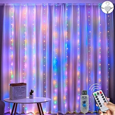 Picture of 300 LED Curtain String Fairy Lights 3x3M Multi Color USB Remote Control Backdrop Window Curtain Lights Bedroom Wedding Party Home Decor Grey