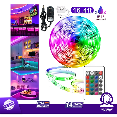 Picture of 5M RGB LED Strip Light 300 LEDs Waterproof 12V LED Light Strip with 24 Key IR Remote & Power Adapter Room TV Home Decoration RGB