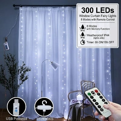 Picture of 300 LEDs Window Curtain Fairy Lights 8 Modes with Remote Control Cool White 300 x 300cm Hanging Icicle String Lights for Bedroom Wall Wedding Party Decoration White