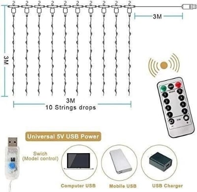 Picture of 300 LEDs Window Curtain Fairy Lights 8 Modes with Remote Control Cool White 300 x 300cm Hanging Icicle String Lights for Bedroom Wall Wedding Party Decoration White