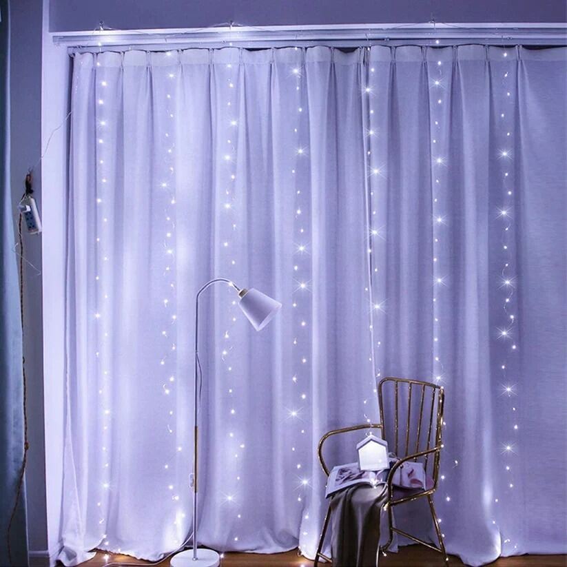 Picture of 300 LEDs Window Curtain Fairy Lights 8 Modes with Remote Control Cool White 300 x 300cm Hanging Icicle String Lights for Bedroom Wall Wedding Party Decoration White