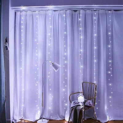 Picture of 300 LEDs Window Curtain Fairy Lights 8 Modes with Remote Control Cool White 300 x 300cm Hanging Icicle String Lights for Bedroom Wall Wedding Party Decoration White