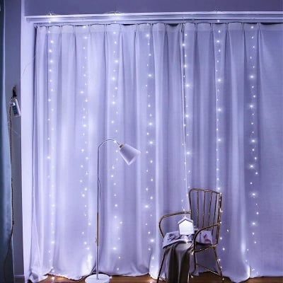 Picture of 300 LEDs Window Curtain Fairy Lights 8 Modes with Remote Control Cool White 300 x 300cm Hanging Icicle String Lights for Bedroom Wall Wedding Party Decoration White