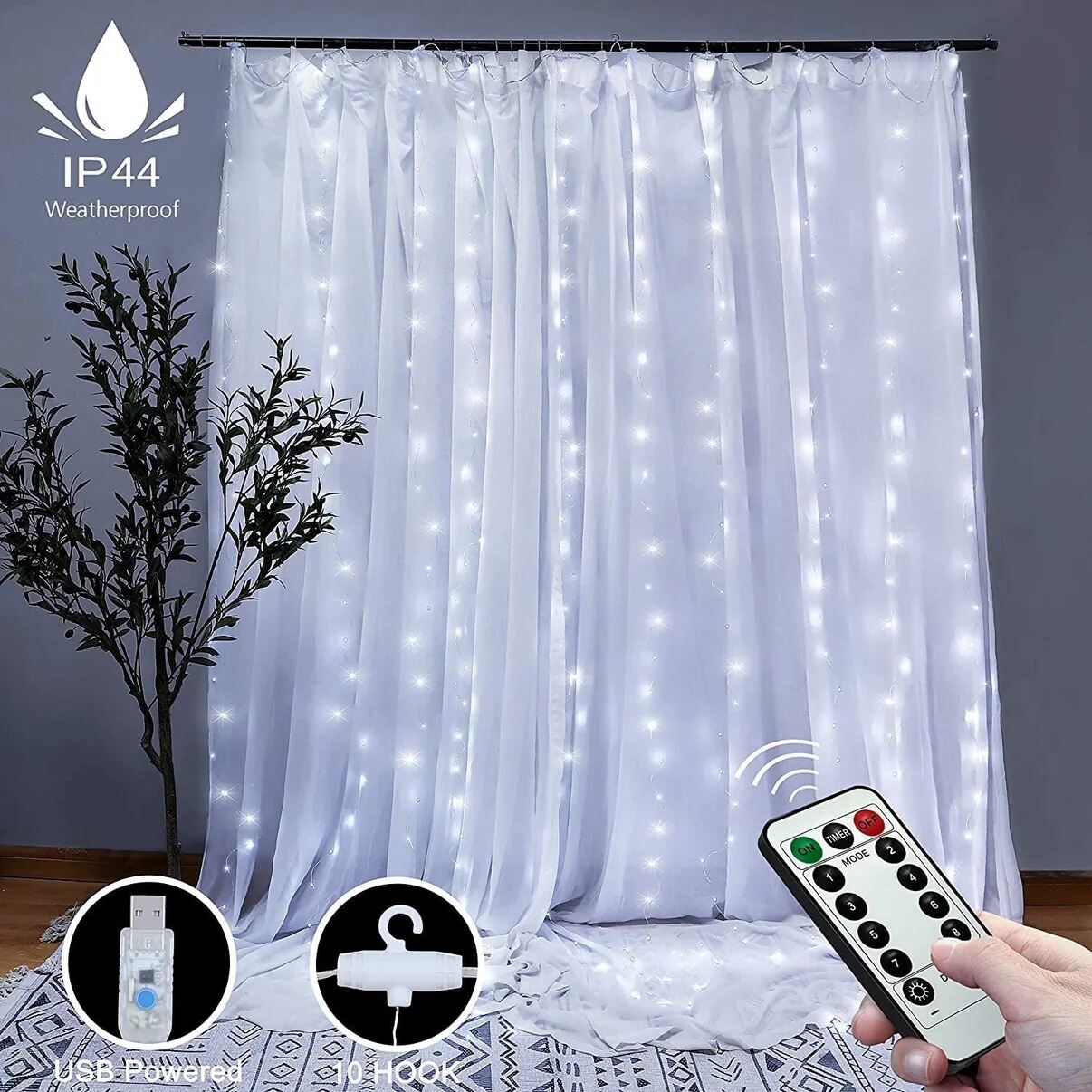 Picture of 300 LEDs Window Curtain Fairy Lights 8 Modes with Remote Control Cool White 300 x 300cm Hanging Icicle String Lights for Bedroom Wall Wedding Party Decoration White