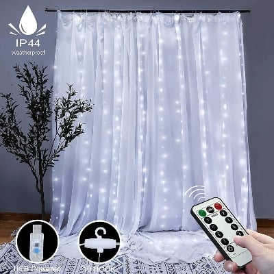 Picture of 300 LEDs Window Curtain Fairy Lights 8 Modes with Remote Control Cool White 300 x 300cm Hanging Icicle String Lights for Bedroom Wall Wedding Party Decoration White