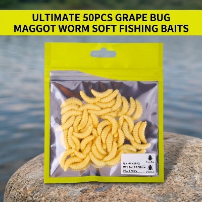 Picture of Ultimate 50PCS Grape Bug Maggot Worm Soft Fishing Baits – Glow Artificial Lures for Bass, Trout, Carp, Lake, River & Stream Fishing 50 Pcs Pack