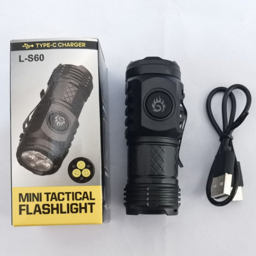 Picture of Mini Tactical 3 LED Flashlight L-S60 USB Type-C Rechargeable Torch 1000 Lumens Pocket Flashlight EDC Camping Emergency Light Black
