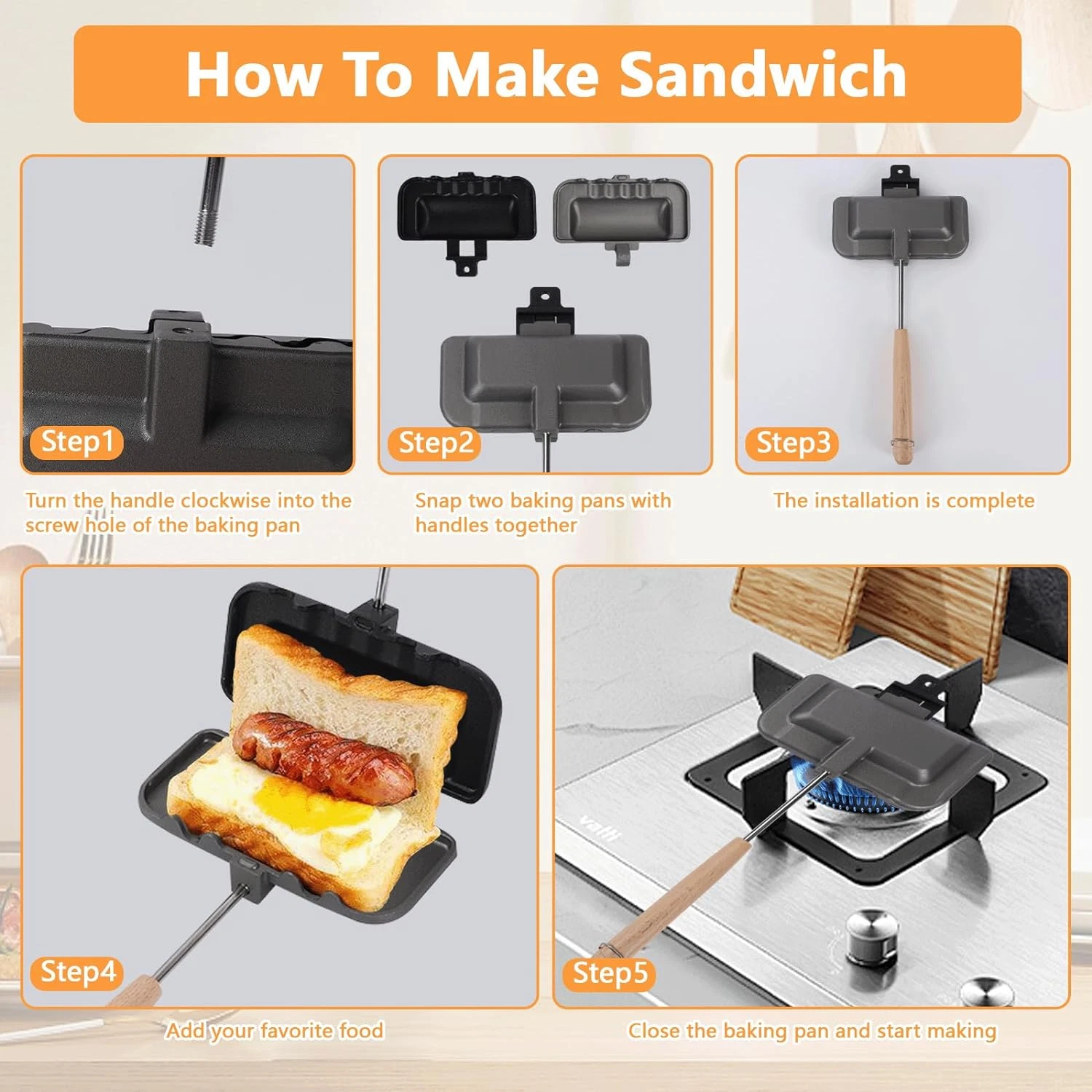 Picture of 4W1H Sandwich Maker Stove Top Non Stick Sandwich Toaster Pan Hot Dog Maker Panini Press Breakfast Toast Maker Camping Sandwich Grill 