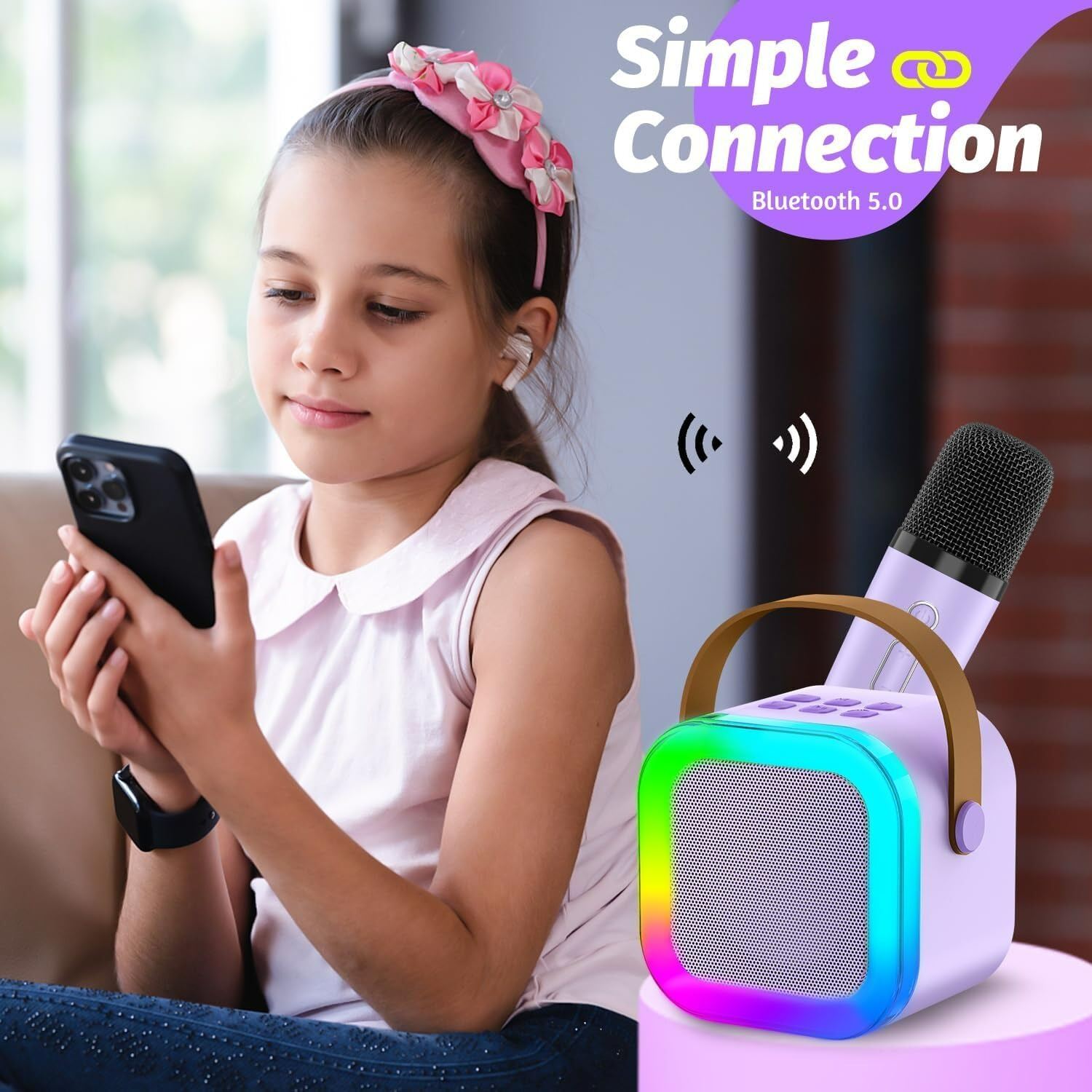 Picture of K12 Mini Karaoke Bluetooth Speaker with Wireless Microphone RGB Party Light Portable Karaoke Machine Bluetooth 5.3 Kids Adult Singing Speaker Multicolor