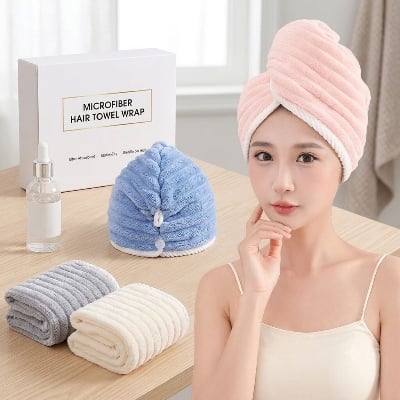 Picture of Microfiber Hair Towel Wrap Premium Coral Fleece Quick Dry Hair Turban Anti Frizz Soft Hair Drying Towel Caps with Button for Women & Girls Multicolor
