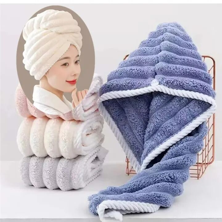 Picture of Microfiber Hair Towel Wrap Premium Coral Fleece Quick Dry Hair Turban Anti Frizz Soft Hair Drying Towel Caps with Button for Women & Girls Multicolor