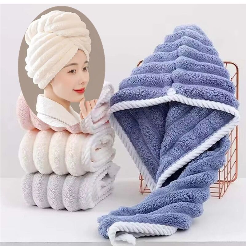 Picture of Microfiber Hair Towel Wrap Premium Coral Fleece Quick Dry Hair Turban Anti Frizz Soft Hair Drying Towel Caps with Button for Women & Girls Multicolor