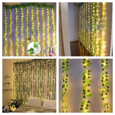 Picture of Curtain LED Lights with Artificial Vines Golden 10 String 8ft x 12ft USB Remote Fairy Lights Window Bedroom Wedding Party Home Decor With Leaf Decorations Golden
