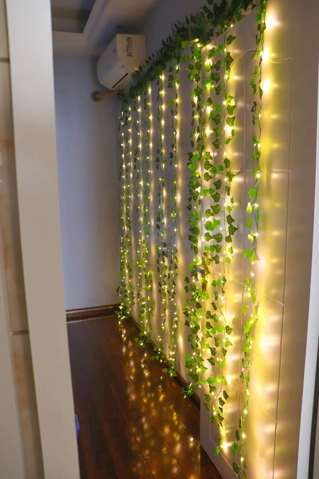 Picture of Curtain LED Lights with Artificial Vines Golden 10 String 8ft x 12ft USB Remote Fairy Lights Window Bedroom Wedding Party Home Decor With Leaf Decorations Golden