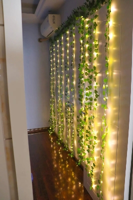 Picture of Curtain LED Lights with Artificial Vines Golden 10 String 8ft x 12ft USB Remote Fairy Lights Window Bedroom Wedding Party Home Decor With Leaf Decorations Golden