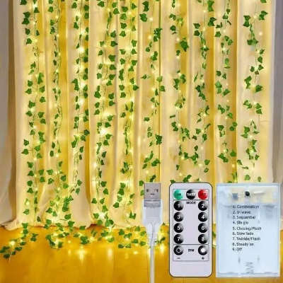Picture of 10 Line LED Curtain Fairy Lights with Leafs 7ft Remote Control 8 Lighting Modes Window Bedroom Wedding Party Decoration Lights Gold