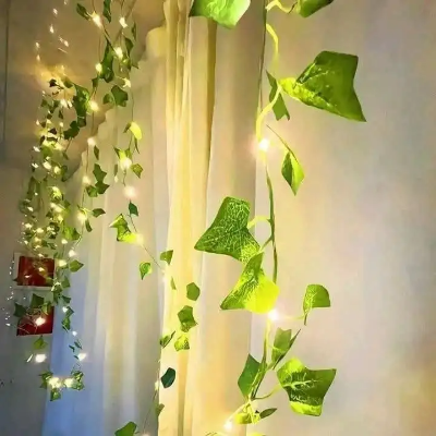 Picture of 10 Line LED Curtain Fairy Lights with Leafs 7ft Remote Control 8 Lighting Modes Window Bedroom Wedding Party Decoration Lights Gold